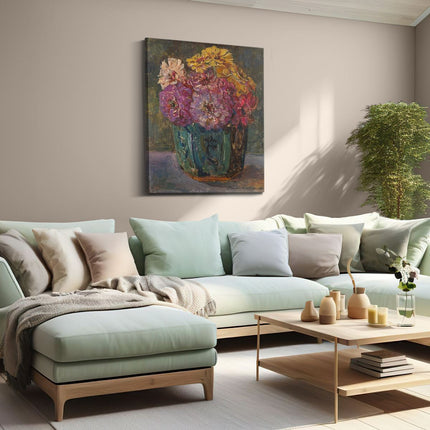 Canvas Schilderij Woonkamer Stilleven met Zinnia’s in een Gemberpot - Floris Verster