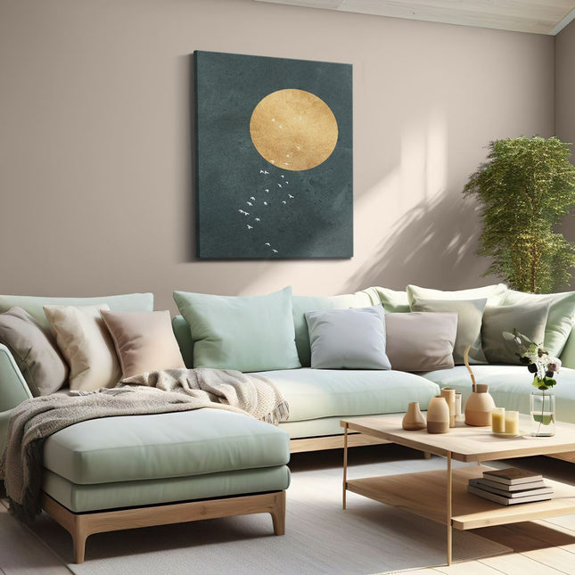 Canvas Schilderij Woonkamer Zon met Vogels - Abstract