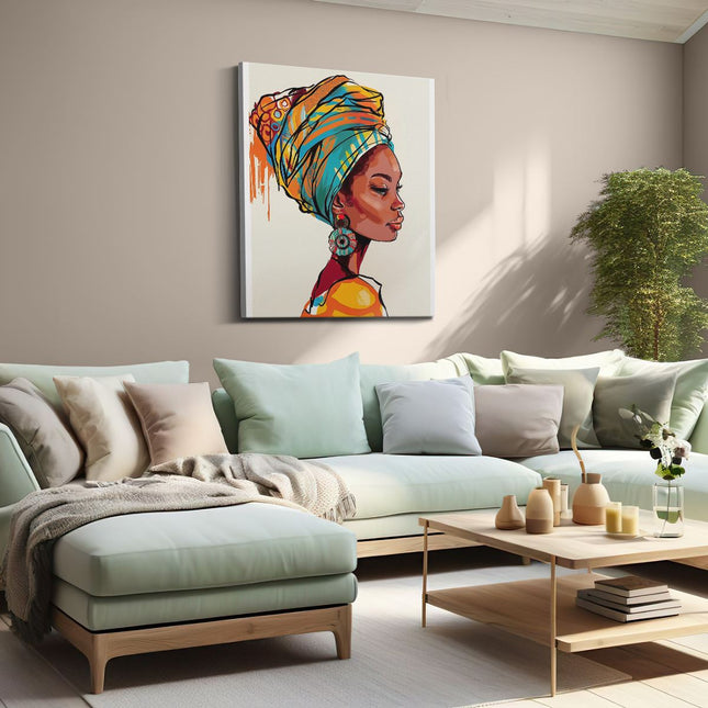 Canvas Schilderij Woonkamer Afrikaanse Vrouw in een Kleurrijke Tulband