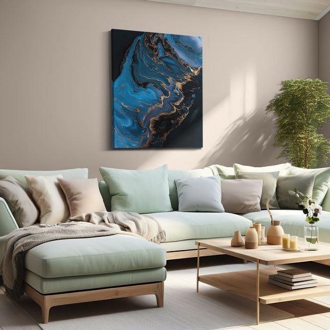 Canvas Schilderij Woonkamer Blauwe en Gouden Wervelingen in het Water