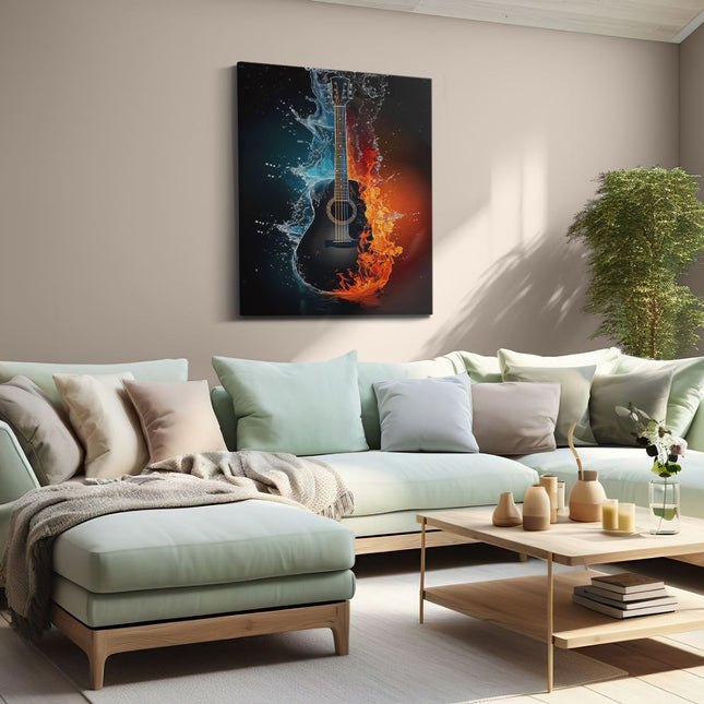 Canvas Schilderij Woonkamer Akoestische Gitaar met Water en Vuur