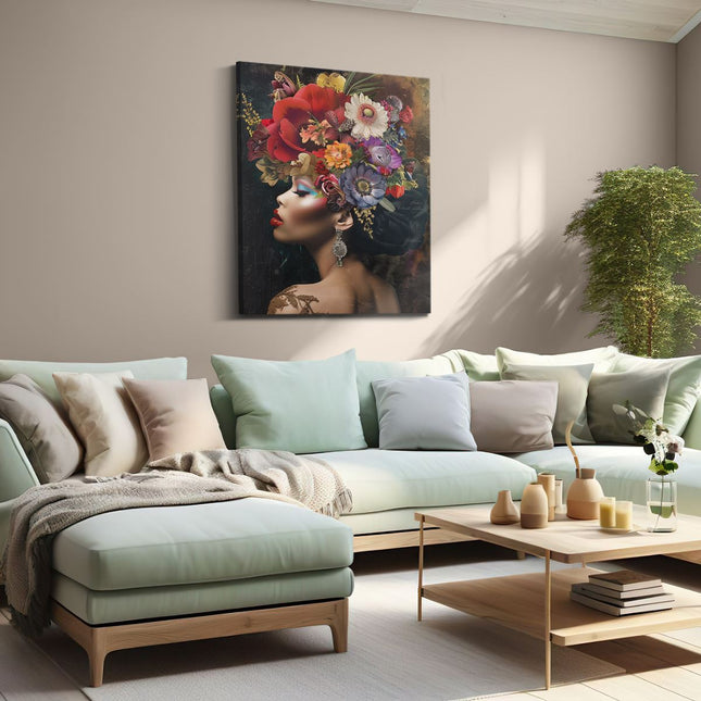 Canvas Schilderij Woonkamer Vrouw met Bloemen op haar Hoofd