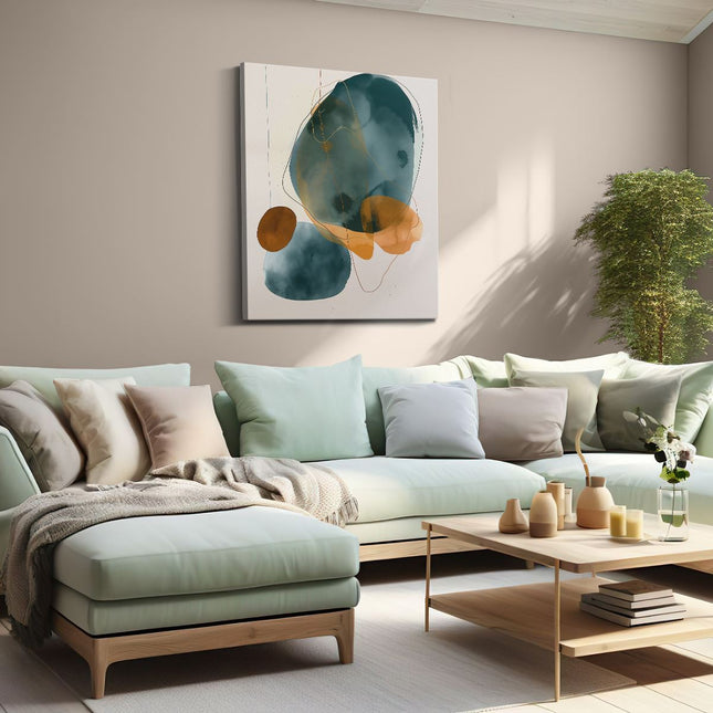 Canvas Schilderij Woonkamer Abstract Kunstwerk met Blauwe, Oranje en Bruine Kleuren