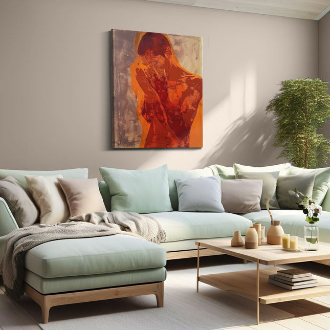 Canvas Schilderij Woonkamer Kunstwerk van een Man met zijn Handen op zijn Gezicht