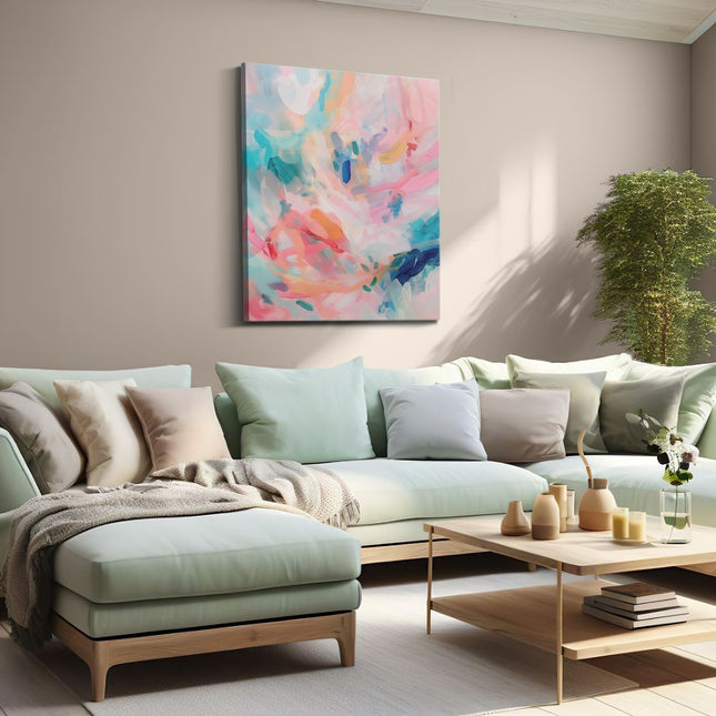 Canvas Schilderij Woonkamer Abstract Kunstwerk met Roze, Blauwe en Groene Kleuren