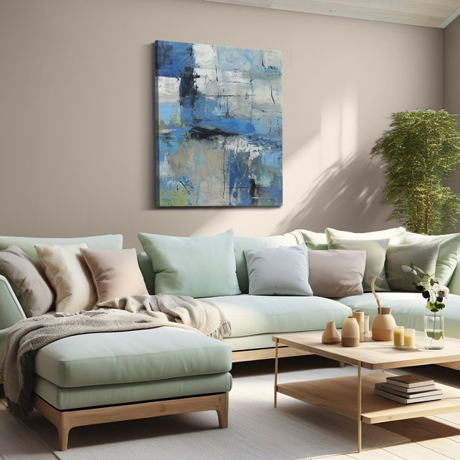 Canvas Schilderij Woonkamer Abstract Kunstwerk met Blauwe en Witte Kleuren