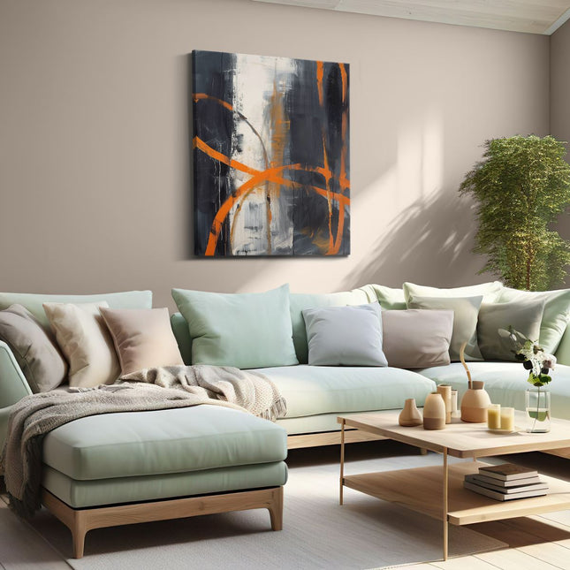 Canvas Schilderij Woonkamer Abstract Kunstwerk met Oranje en Zwarte Lijnen