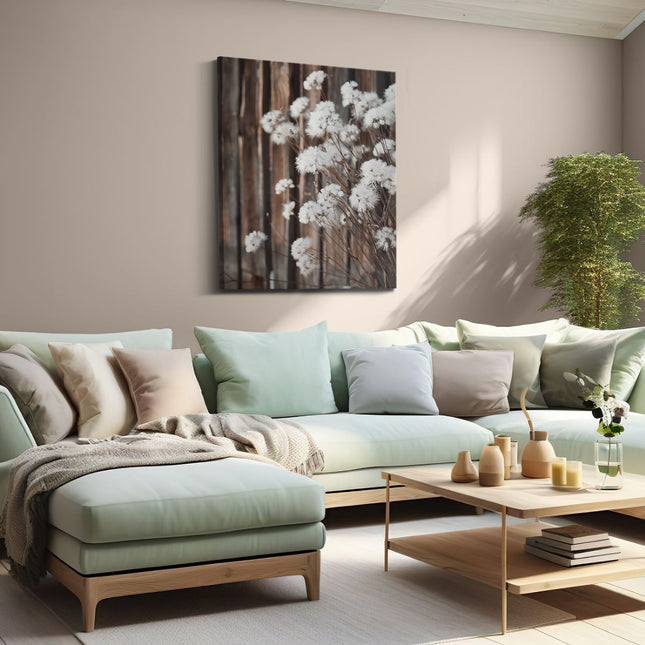 Canvas Schilderij Woonkamer Witte Bloemen voor een Houten Hek