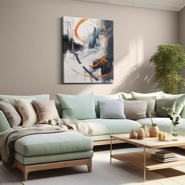 Canvas Schilderij Woonkamer Abstract Kunstwerk met Oranje en Zwarte Verf