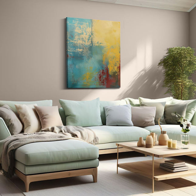 Canvas Schilderij Woonkamer Abstract Kunstwerk met Rode, Gele en Blauwe Kleuren