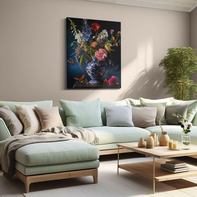 Canvas Schilderij Woonkamer Vaas met Bloemen op een Tafel