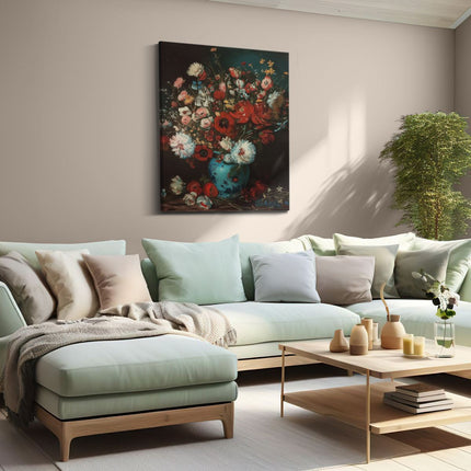 Canvas Schilderij Woonkamer Kunstwerk van Bloemen in een Blauwe Vaas