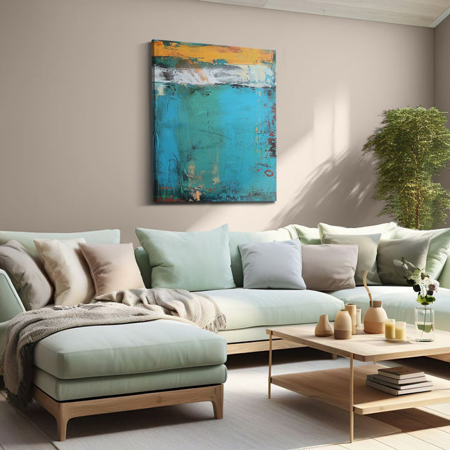 Canvas Schilderij Woonkamer Abstract Kunstwerk met Blauwe, Oranje en Gele Kleuren