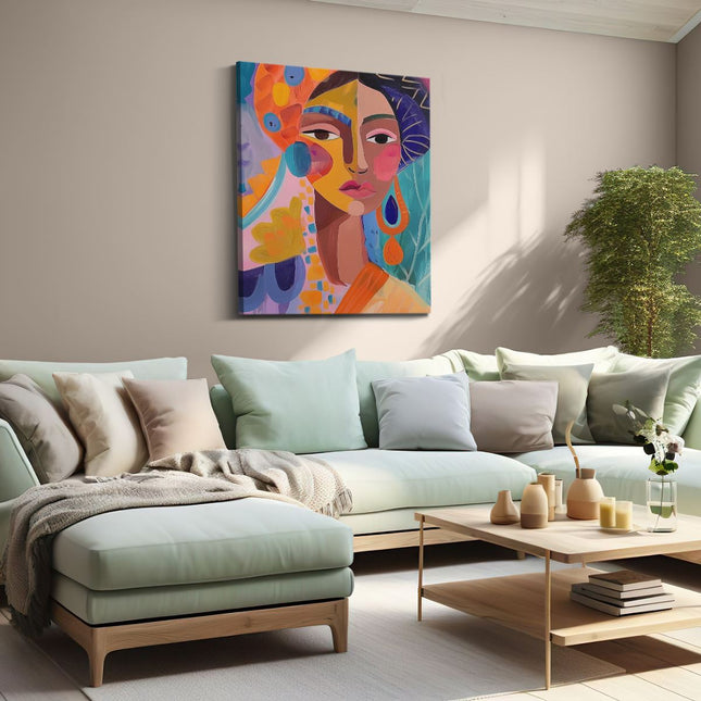 Canvas Schilderij Woonkamer Kunstwerk van een Vrouw in een Kleurrijke Tulband