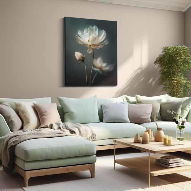 Canvas Schilderij Woonkamer Twee Witte Lotusbloemen op een Donkere Achtergrond