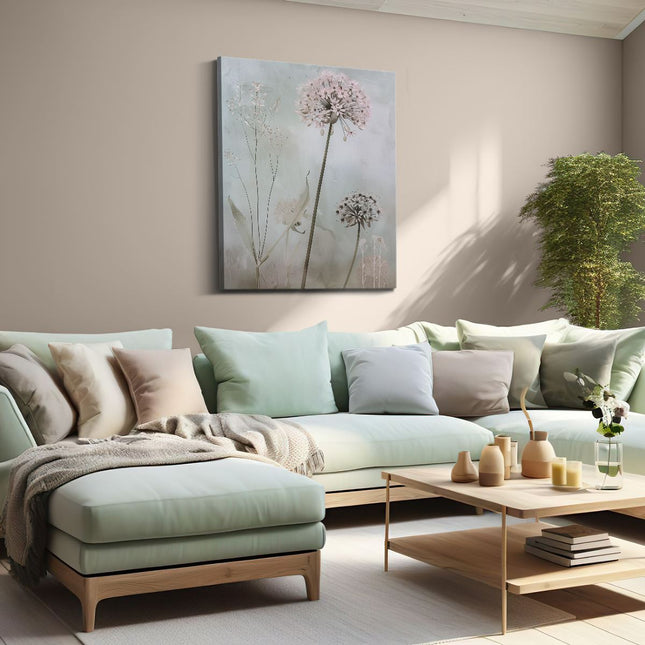 Canvas Schilderij Woonkamer Drie Roze Bloemen in een Veld