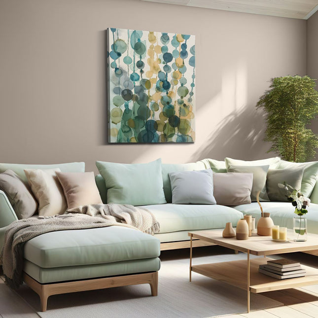 Canvas Schilderij Woonkamer Aquarelkunstwerk van Blauwe, Groene en Gele Kralen