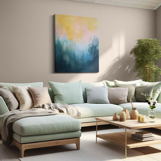 Canvas Schilderij Woonkamer Abstract Kunstwerk met Blauwe, Gele en Oranje Kleuren