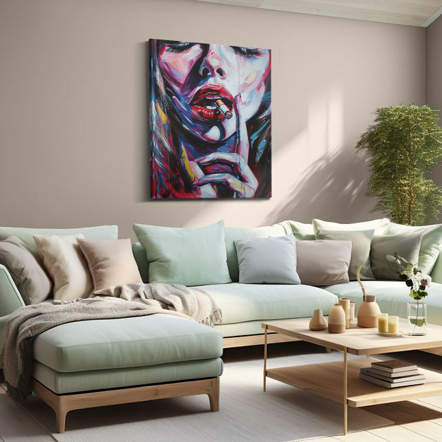Canvas Schilderij Woonkamer Kunstwerk van een Vrouw die een Sigaret Rookt