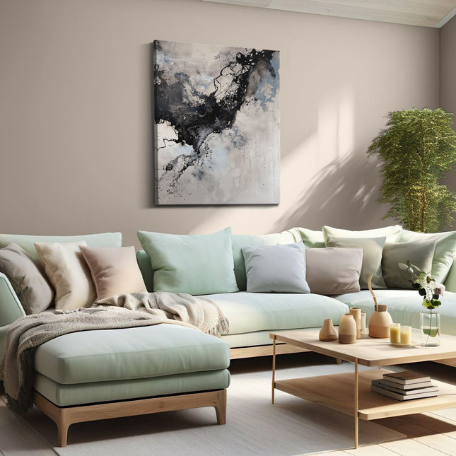 Canvas Schilderij Woonkamer Abstract Kunstwerk met Zwarte en Witte Inktspatten
