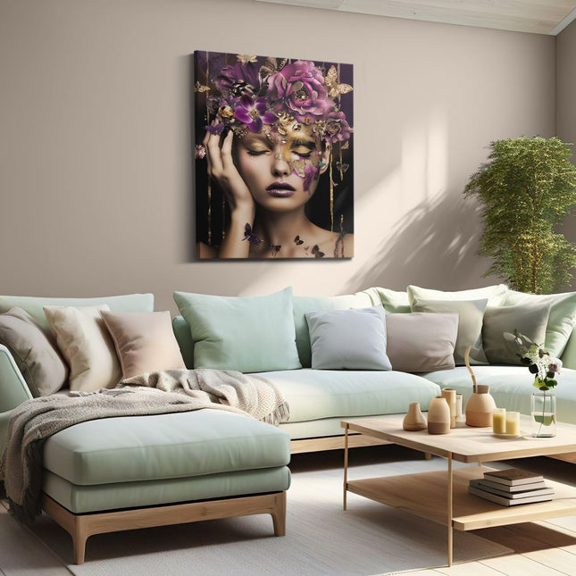 Canvas Schilderij Woonkamer Vrouw met Bloemen op haar Hoofd