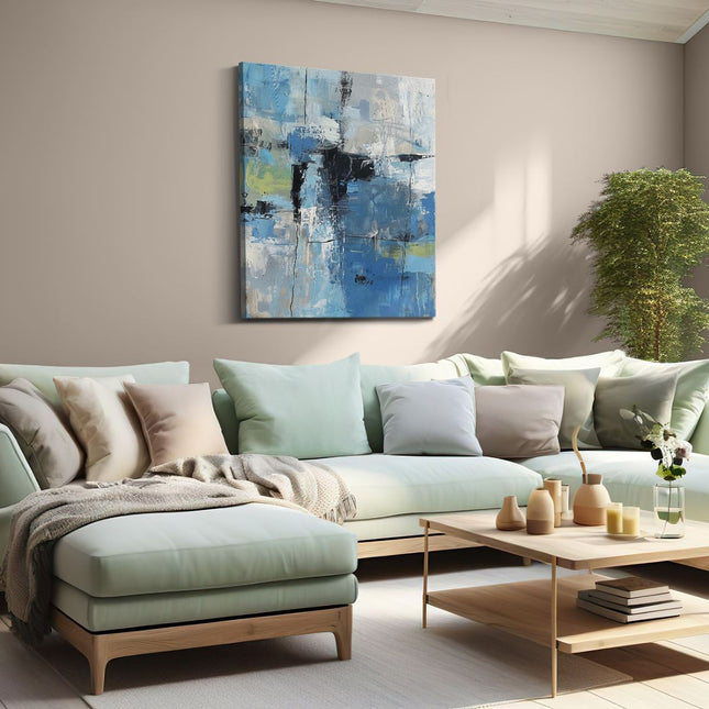Canvas Schilderij Woonkamer Abstract Kunstwerk met Blauwe, Grijze en Witte Kleuren