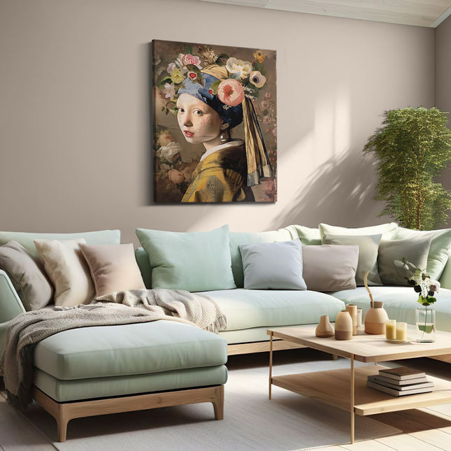 Canvas Schilderij Woonkamer Meisje met een Pareloorring en Bloemen