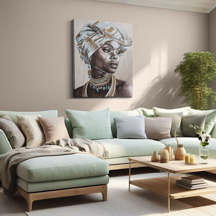 Canvas Schilderij Woonkamer Afrikaanse Vrouw die een Tulband Draagt