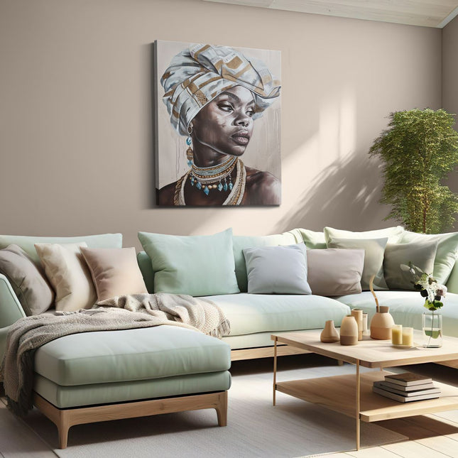 Canvas Schilderij Woonkamer Afrikaanse Vrouw die een Tulband Draagt
