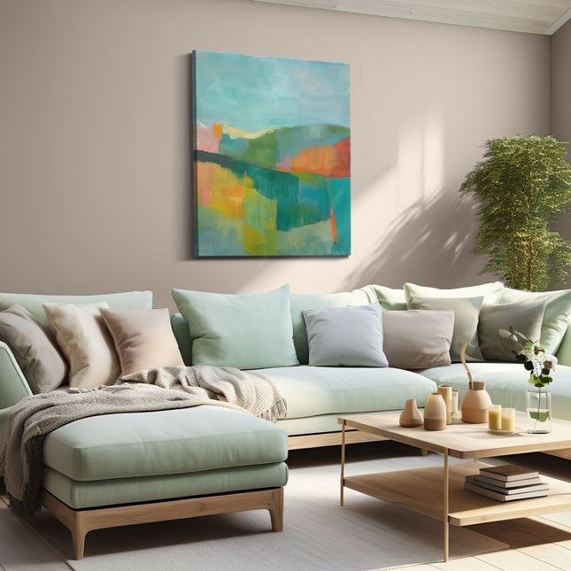 Canvas Schilderij Woonkamer Abstract Kunstwerk van een Groen, Oranje en Blauw Landschap