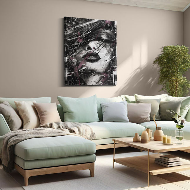 Canvas Schilderij Woonkamer Zwart Wit Kunstwerk van het Gezicht van een Vrouw