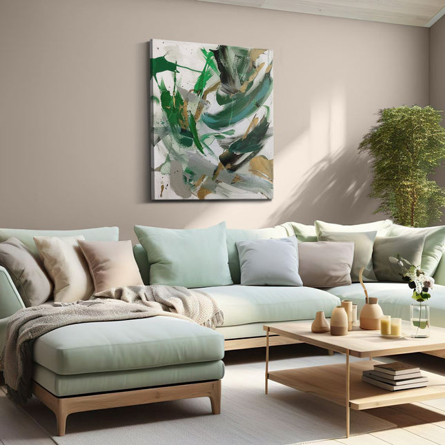 Canvas Schilderij Woonkamer Abstract Kunstwerk met Groene en Gouden Verf