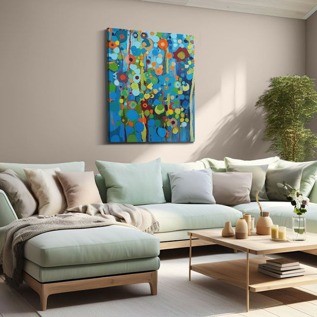Canvas Schilderij Woonkamer Abstract Kunstwerk van Blauwe en Oranje Bloemen