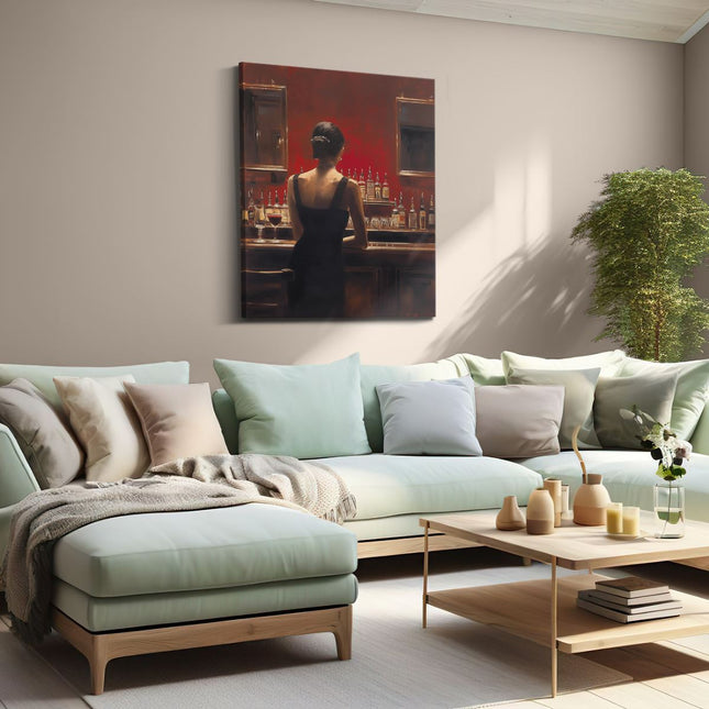 Canvas Schilderij Woonkamer Kunstwerk van een Vrouw aan een Bar