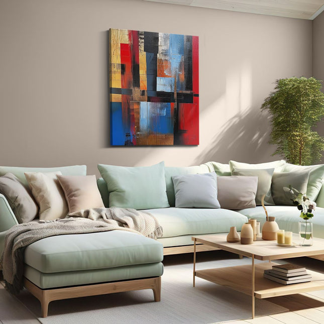 Canvas Schilderij Woonkamer Abstract Kunstwerk met Rode, Blauwe en Gele Kleuren