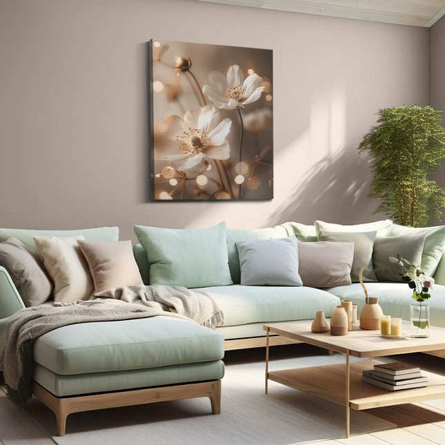 Canvas Schilderij Woonkamer Witte Bloemen met Bokehlichten