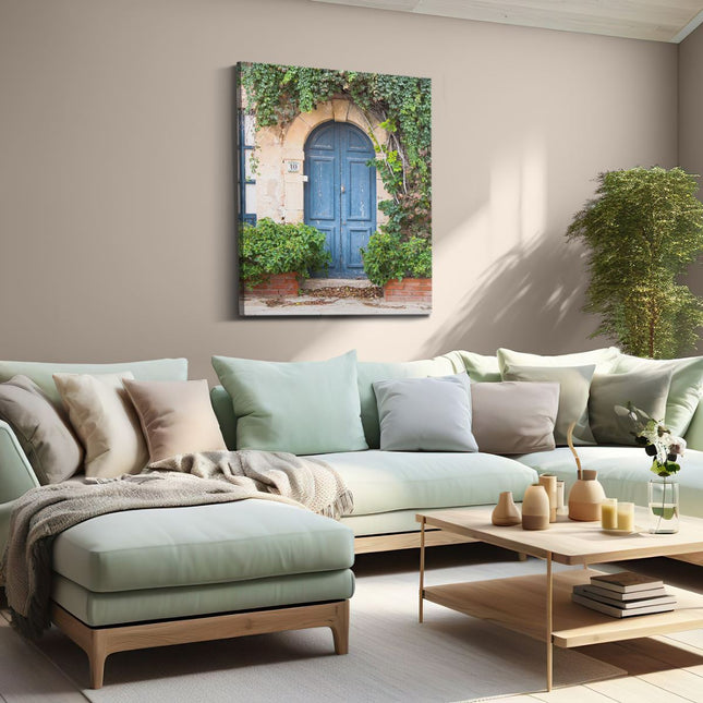 Canvas Schilderij Woonkamer Blauwe Deur met Klimplanten