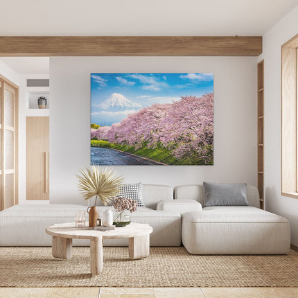 Canvas Schilderij Woonkamer Roze Bloesembomen Bij De Fuji Berg