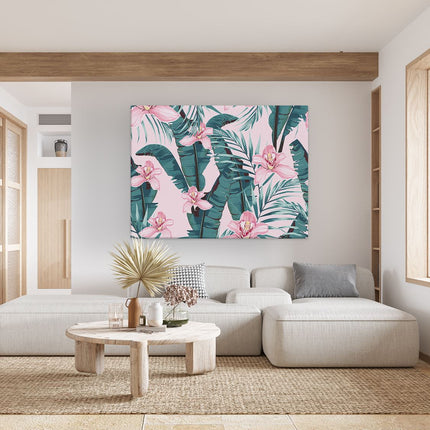 Canvas Schilderij Woonkamer Tropische Roze Zomer Bloemen Met Bladeren