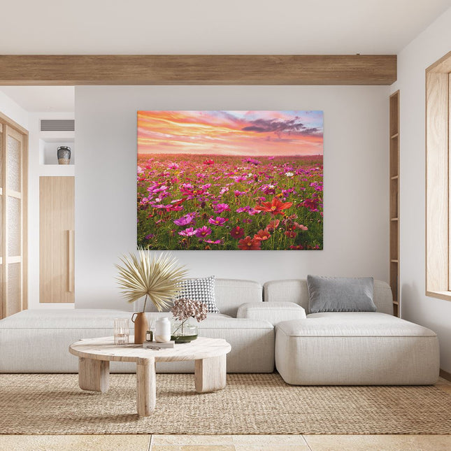 Canvas Schilderij Woonkamer Kleurrijke Kosmos Bloemenveld