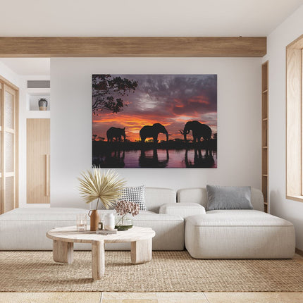 Canvas Schilderij Woonkamer Olifanten Tijdens Zonsondergang - Silhouet