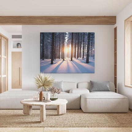 Canvas Schilderij Woonkamer Bos Met Sneeuw Tijdens De Zonsondergang