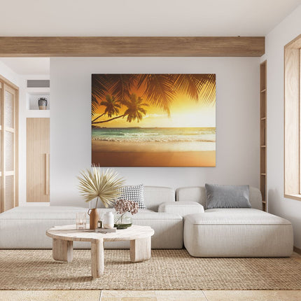 Canvas Schilderij Woonkamer Tropisch Strand Tijdens Zonsondergang 