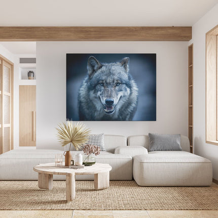Canvas Schilderij Woonkamer Wolvenkop Met Blauwe Ogen - Wolf
