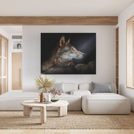 Canvas Schilderij Woonkamer Wolvenkop Met Een Zonnestraal - Wolf