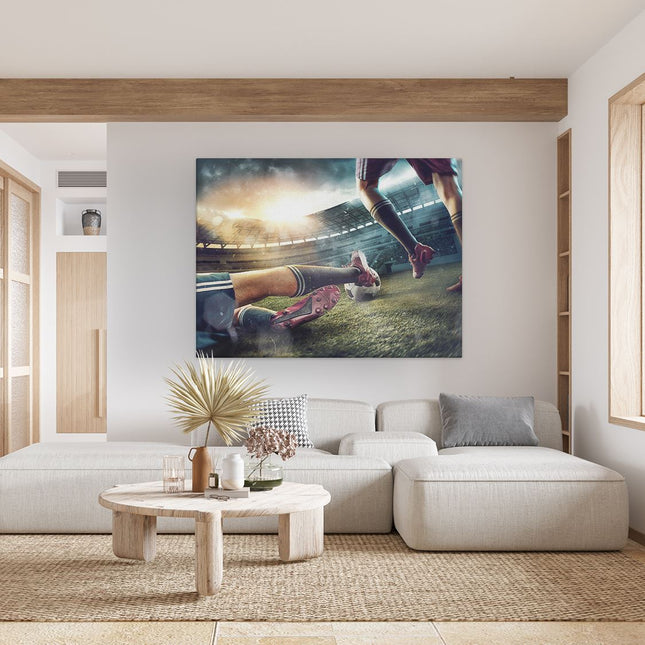 Canvas Schilderij Woonkamer Voetbal Sliding In Het Stadion