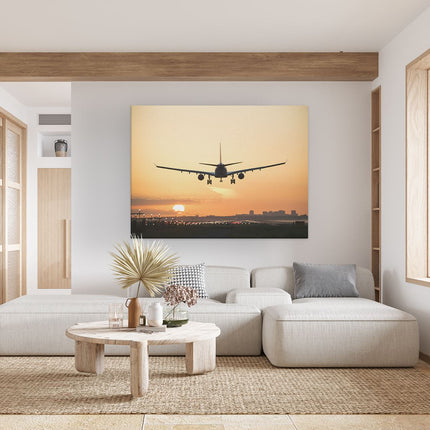 Canvas Schilderij Woonkamer Vliegtuig Landt Tijdens Zonsondergang