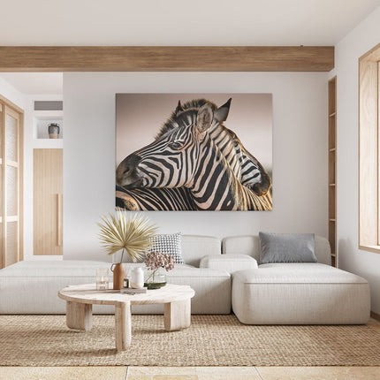 Canvas Schilderij Woonkamer Twee Knuffelende Zebra's 