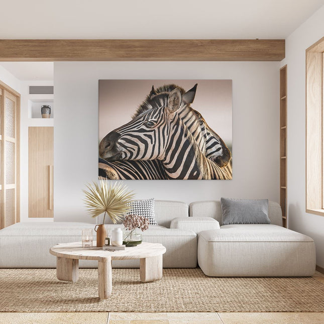 Canvas Schilderij Woonkamer Twee Knuffelende Zebra's 