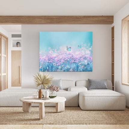 Canvas Schilderij Woonkamer Twee Blauwe Vlinders Bij Roze Bloemen